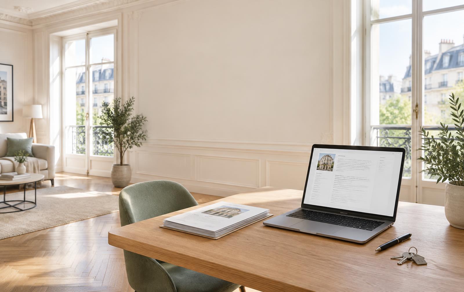 Bureau avec un ordinateur portable ouvert, des documents et un trousseau de clés avec un porte-clés en forme de maison